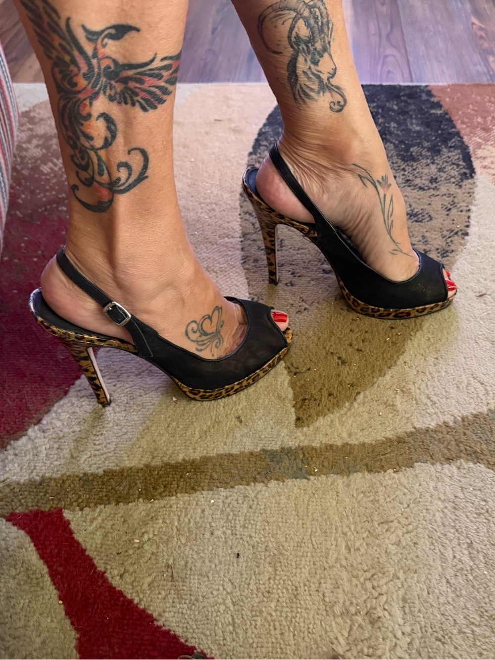 ABS Allen Schwartz Black Peep-Toe Slingbacks with Leopard Trim